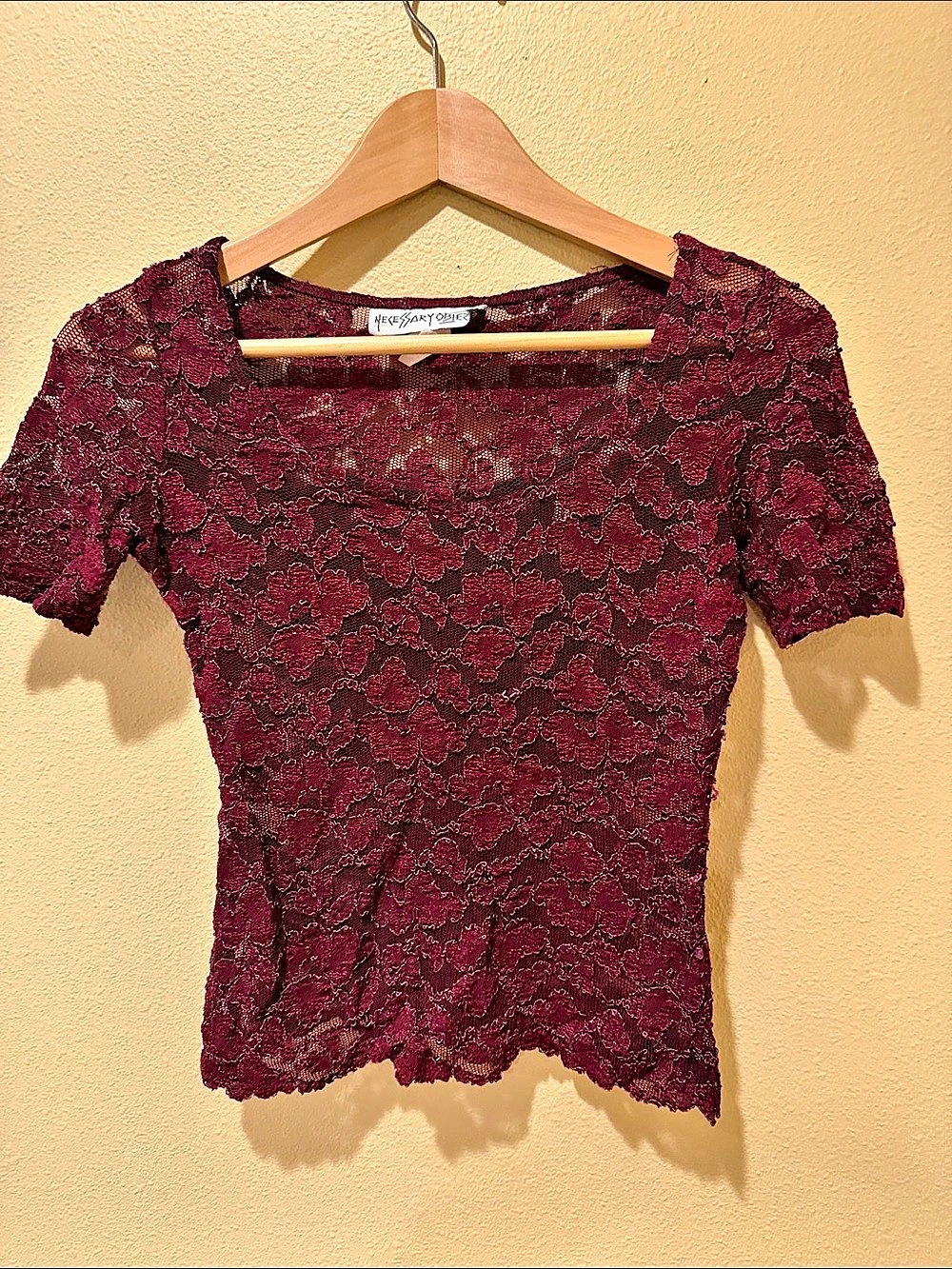 Necessary Objects Floral Lace Short Sleeve Top in Burgundy
